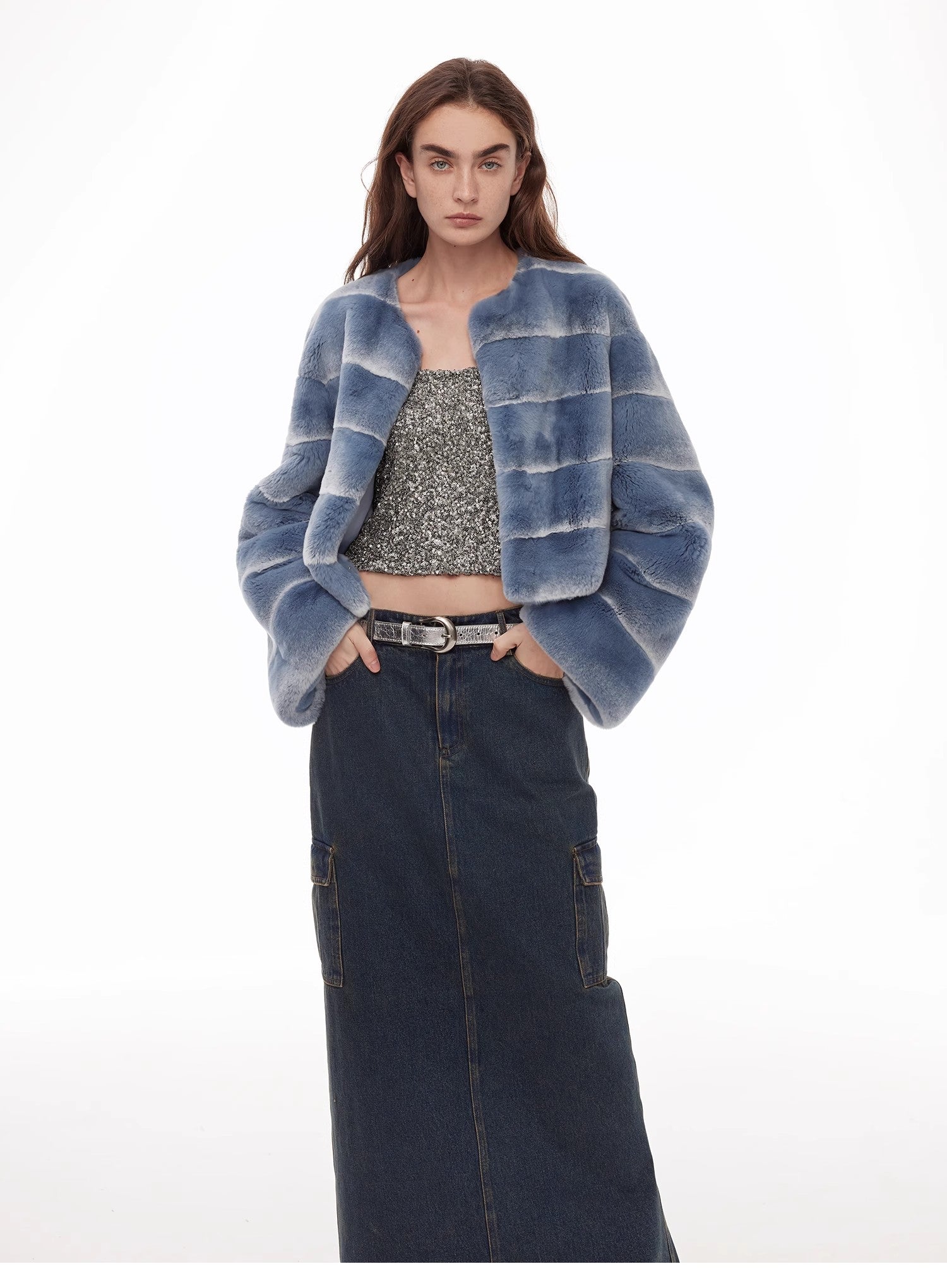 "Dream Chaser" round neck short horizontal spray stripe contrast color loose imported Rex rabbit fur coat-0