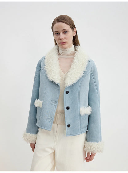 "Pure Era" imported high-quality lamb contrast color fruit collar short wool fur coat-4
