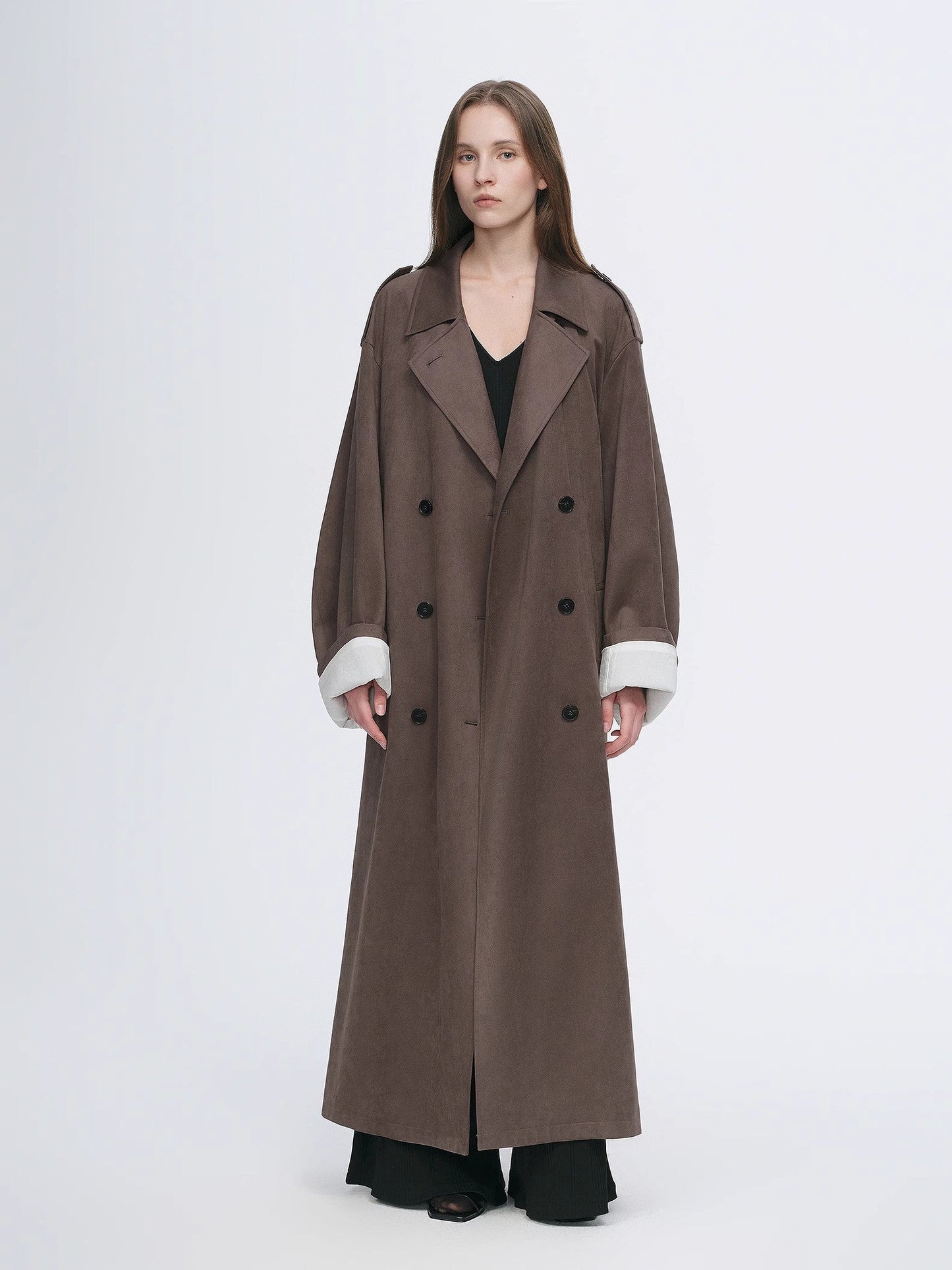"Line Walker" matte micro-velvet drape classic elegant double-breasted straight long trench coat-4