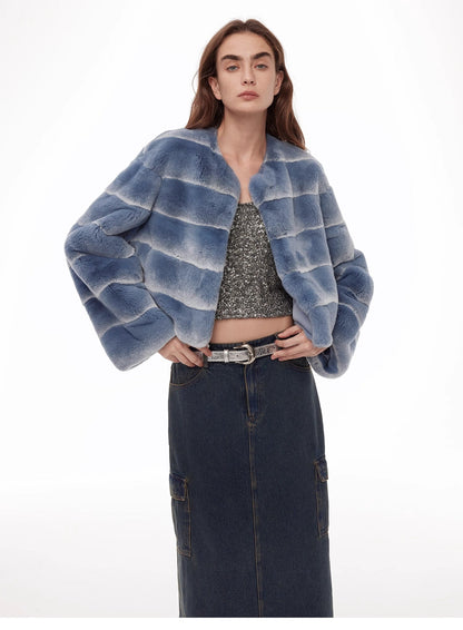 "Dream Chaser" round neck short horizontal spray stripe contrast color loose imported Rex rabbit fur coat-2