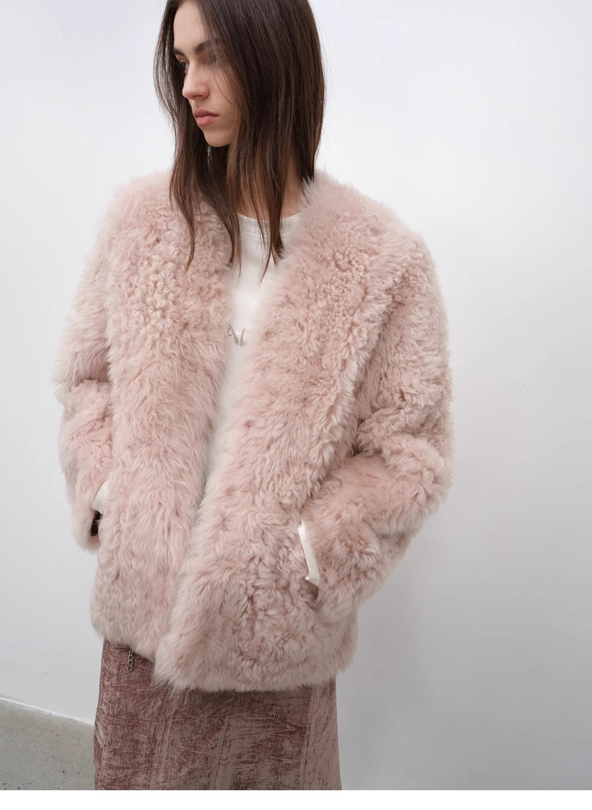 "Castle Dusk" V-neck Italian imported Tuscan curly wool sheepskin fur coat winter-4