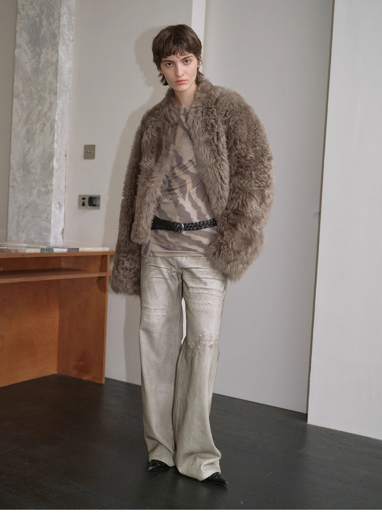 "Autumn Basel" imported Tuscan sheepskin half-roll short casual fur coat-0