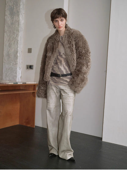 "Autumn Basel" imported Tuscan sheepskin half-roll short casual fur coat-0