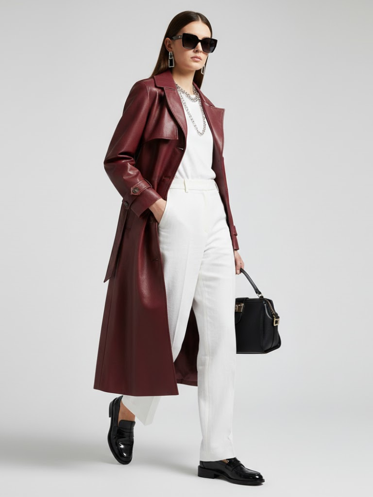 Burgundy Vegan Leather Long Trench Coat - BED-STUY: New Collection COUTURE in BROOKLYN - BYMANYC ® New York-2