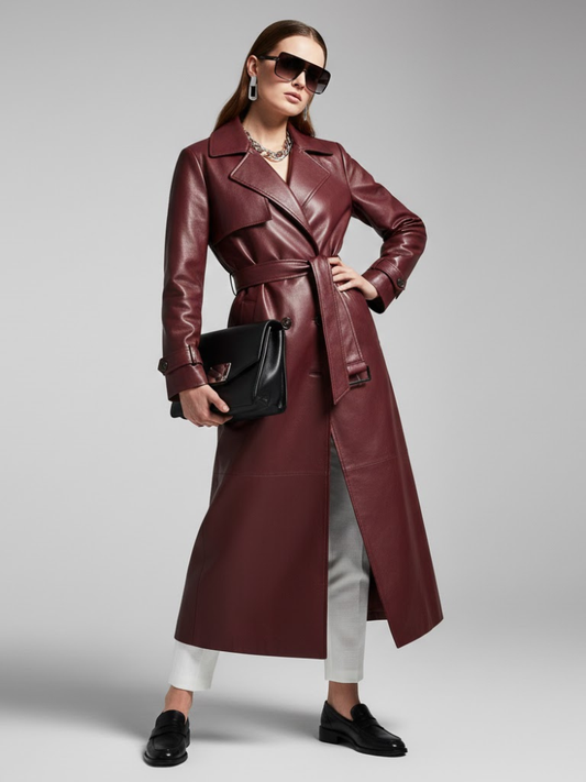 Burgundy Vegan Leather Long Trench Coat - BED-STUY: New Collection COUTURE in BROOKLYN - BYMANYC ® New York-0