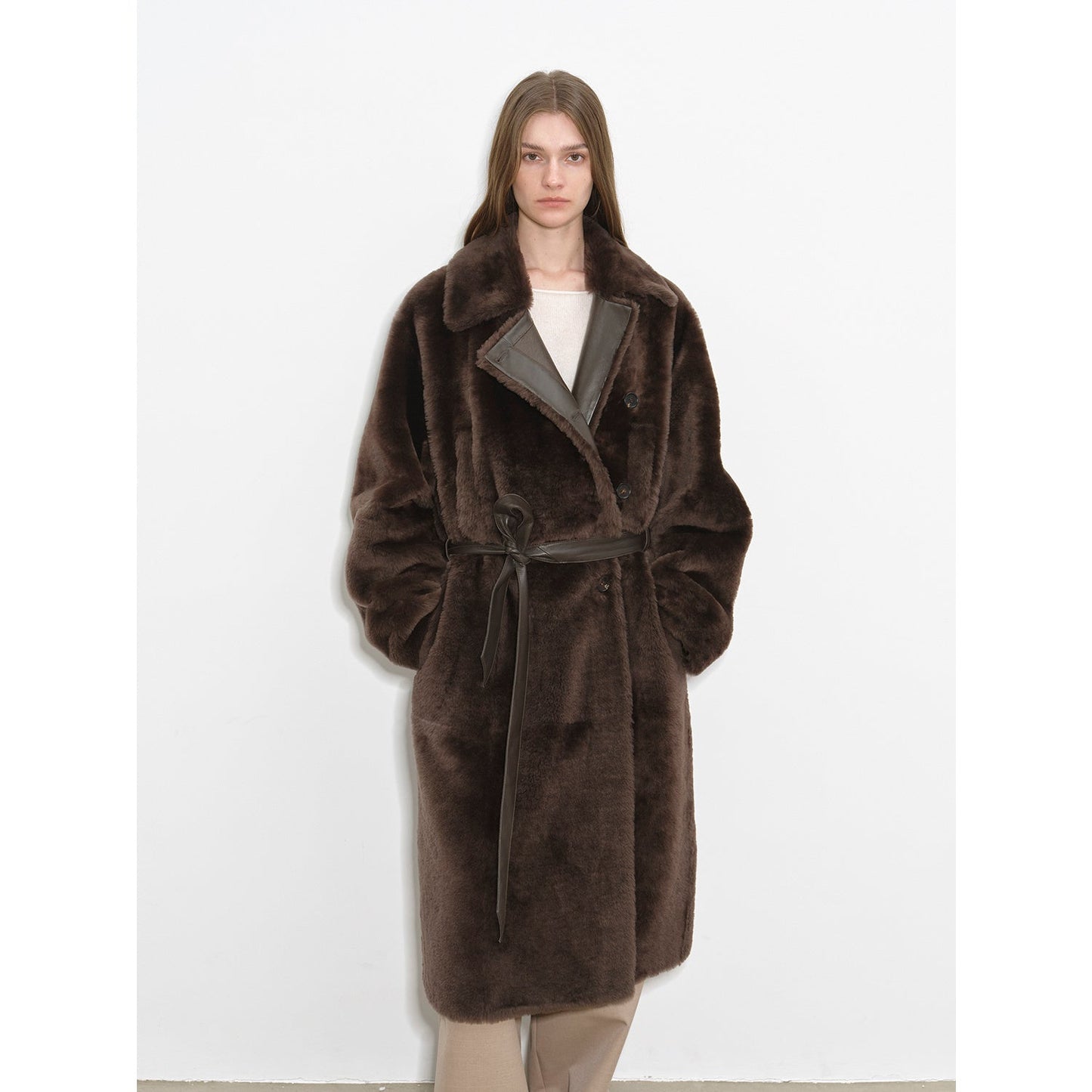 "Mocha Phantom" Merino wool dropped shoulder long asymmetric placket sheepskin coat-5