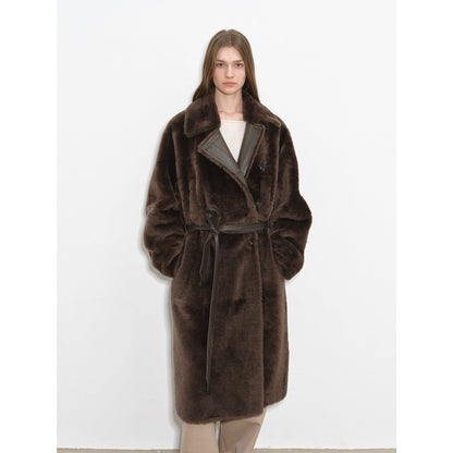 "Mocha Phantom" Merino wool dropped shoulder long asymmetric placket sheepskin coat-5