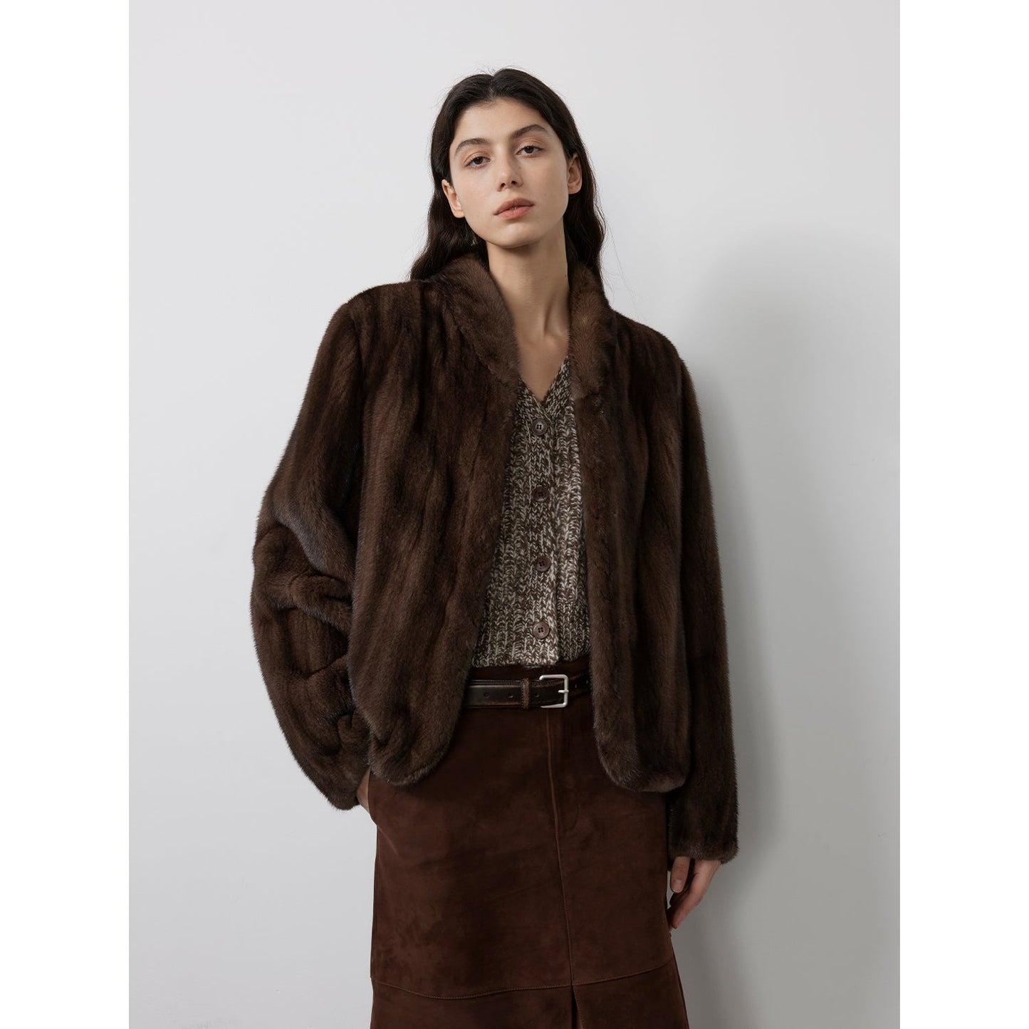 Warm coffee mink retro imported stand collar short mink fur coat-5