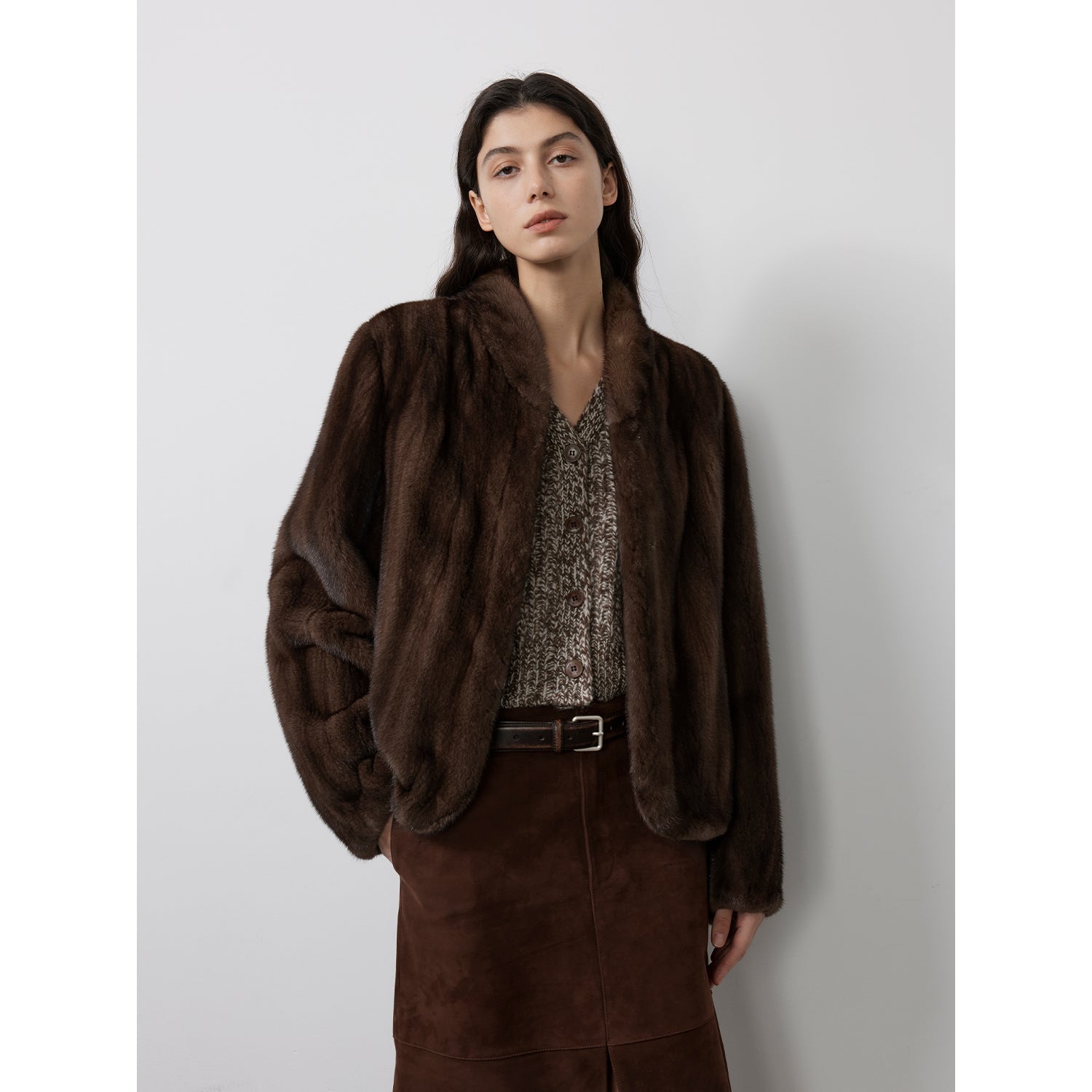 Warm coffee mink retro imported stand collar short mink fur coat-5