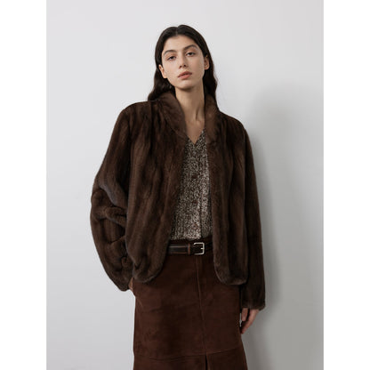 Warm coffee mink retro imported stand collar short mink fur coat-5