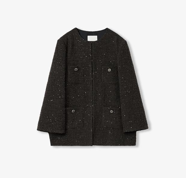 Circle Texture Sequined Wool Tweed Round Neck Long Chanel Style Coat for Women-5