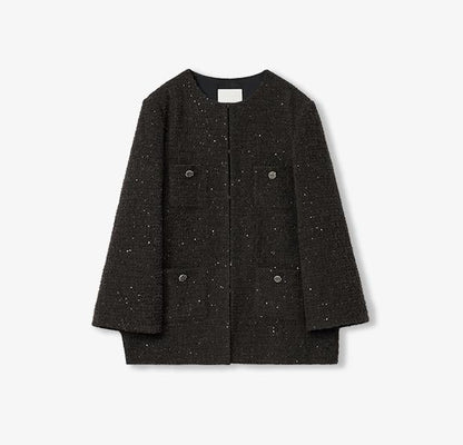 Circle Texture Sequined Wool Tweed Round Neck Long Chanel Style Coat for Women-5
