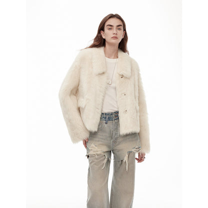 "Dream Walk" long lapel Tuscan wool sheepskin short fur coat for women-5