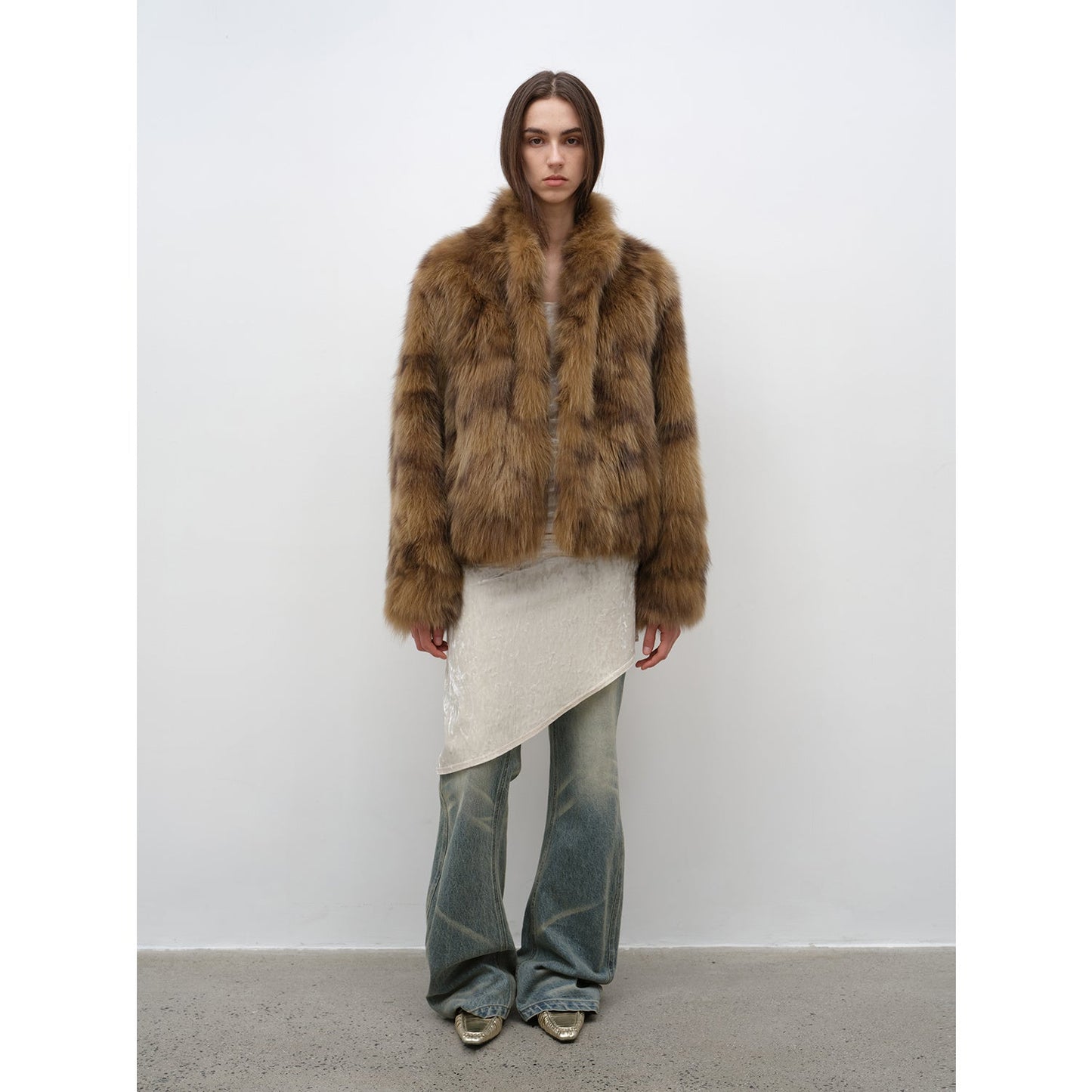 Polar Snow Casual Handmade Swoosh Printed Stand Up Lapel Fox Fur Coat-5