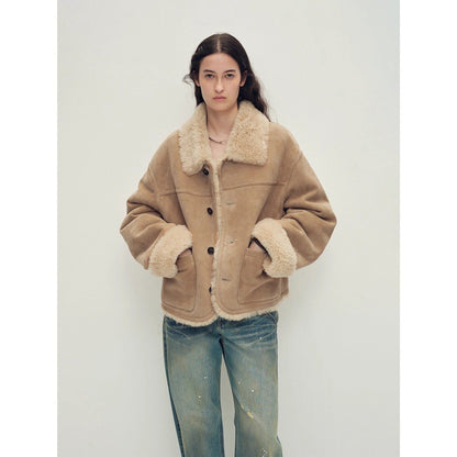 Firelady Fur Women‘s Contrast-Collar Shearling Coat with Shaved Leather Trim & Merino Shearling-0