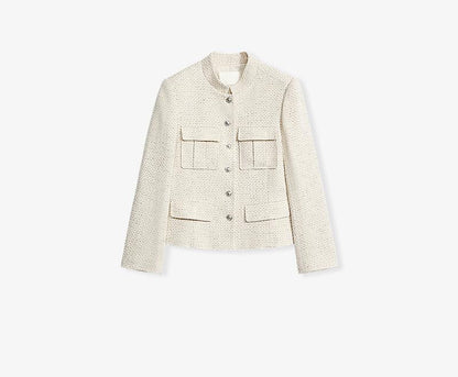 Heavy wool blend tweed stand collar waist cropped coat-4