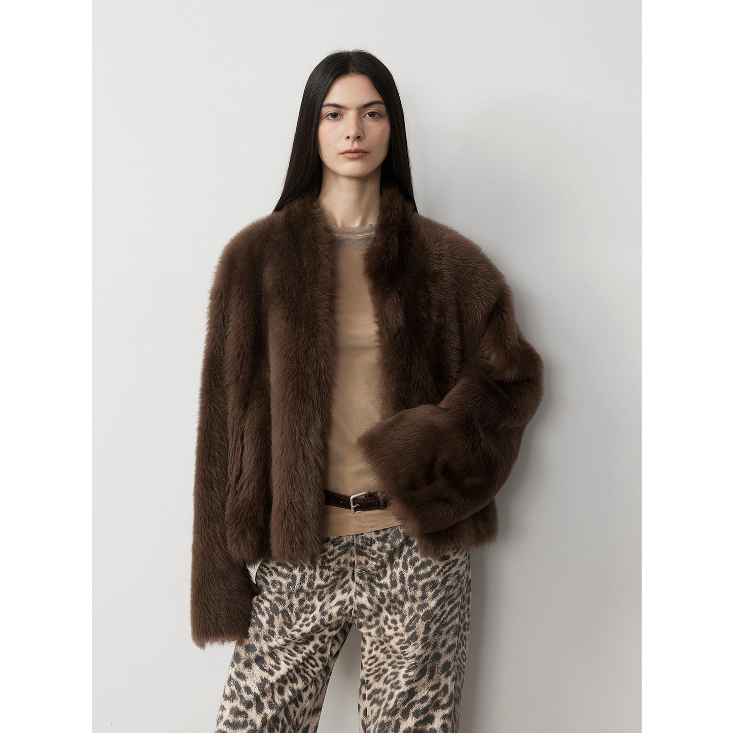 Fireladyfur Women's Casual Drop Shoulder Stand Collar Sheepskin Coat"Practical Wearism"-3