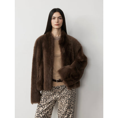 Fireladyfur Women's Casual Drop Shoulder Stand Collar Sheepskin Coat"Practical Wearism"-3