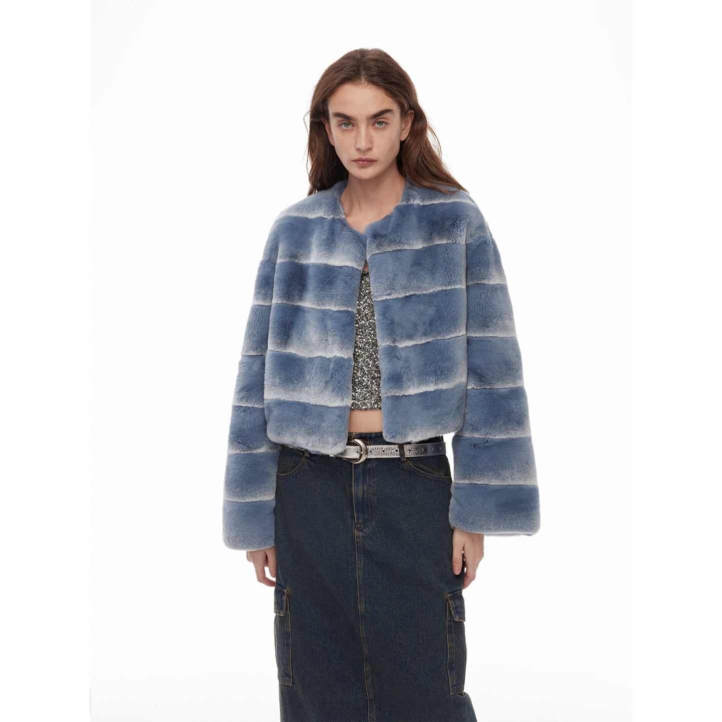 "Dream Chaser" round neck short horizontal spray stripe contrast color loose imported Rex rabbit fur coat-1