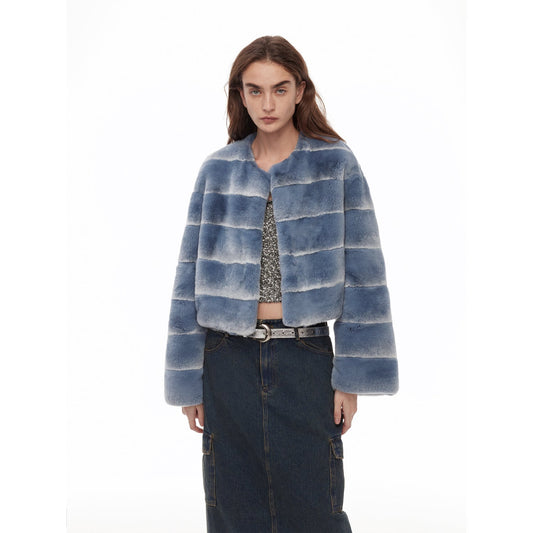 "Dream Chaser" round neck short horizontal spray stripe contrast color loose imported Rex rabbit fur coat-1