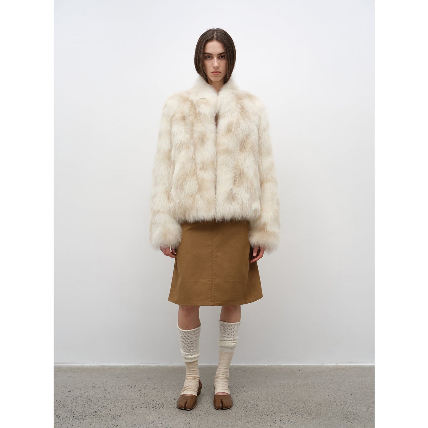 Polar Snow Casual Handmade Swoosh Printed Stand Up Lapel Fox Fur Coat-6