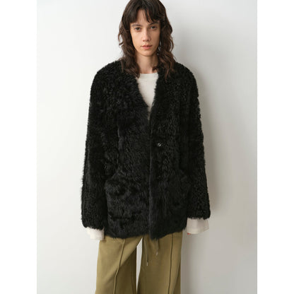 "Castle Dusk" V-neck Italian imported Tuscan curly wool sheepskin fur coat winter-5