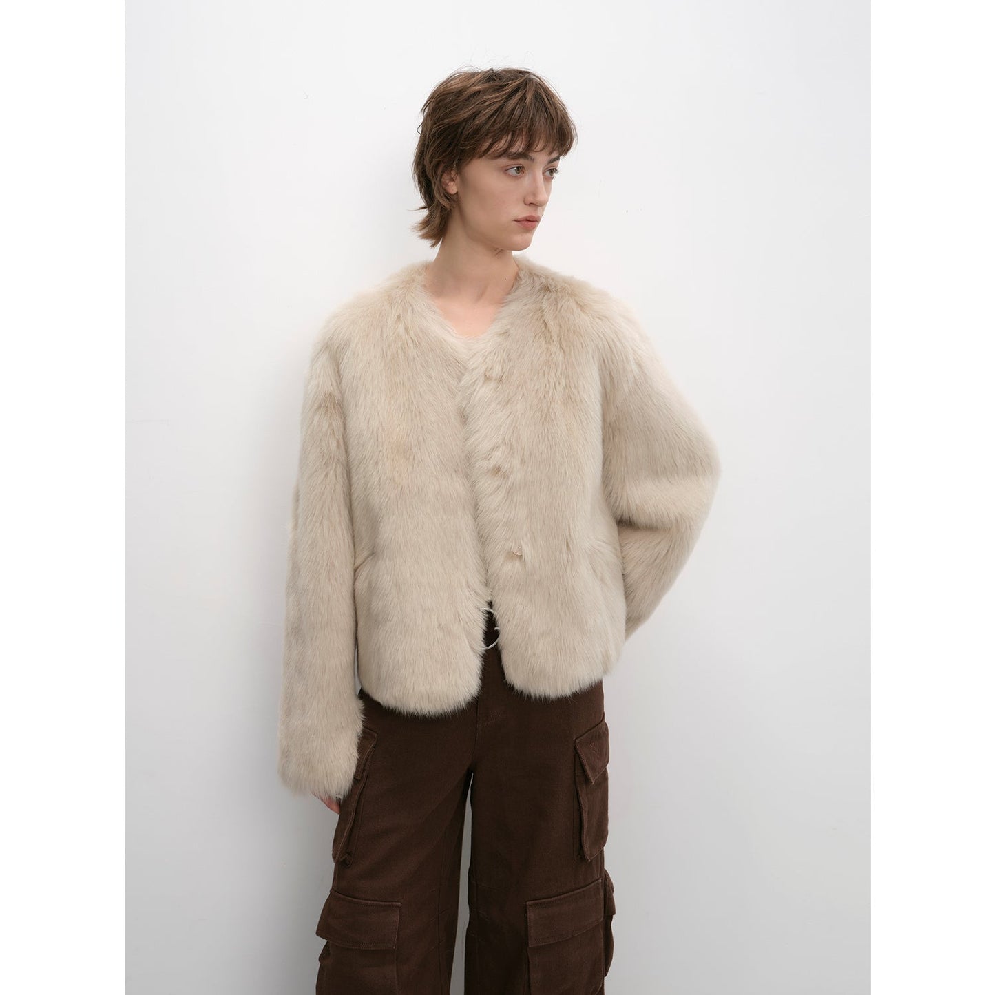 "Darcy Manor" imported Tuscan straight wool sheepskin sweetheart collar short fur coat-4