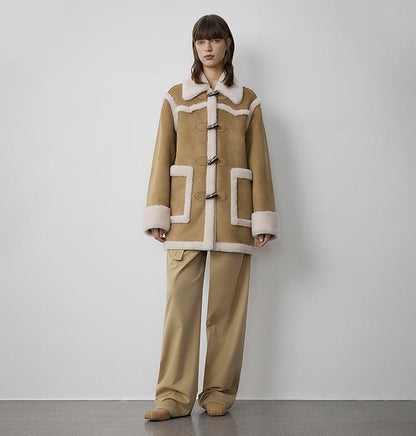 Fireladyfur Women's Faux Leather Shearling Jacket - V-Neck Reversible Wool Coat Vintage-0