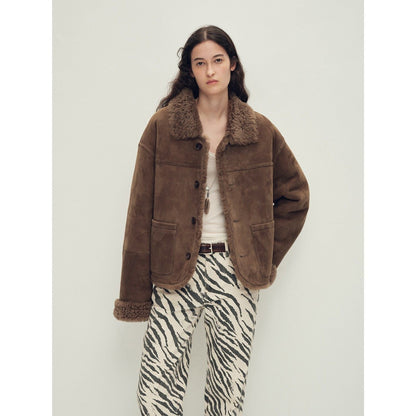 Firelady Fur Women‘s Contrast-Collar Shearling Coat with Shaved Leather Trim & Merino Shearling-1