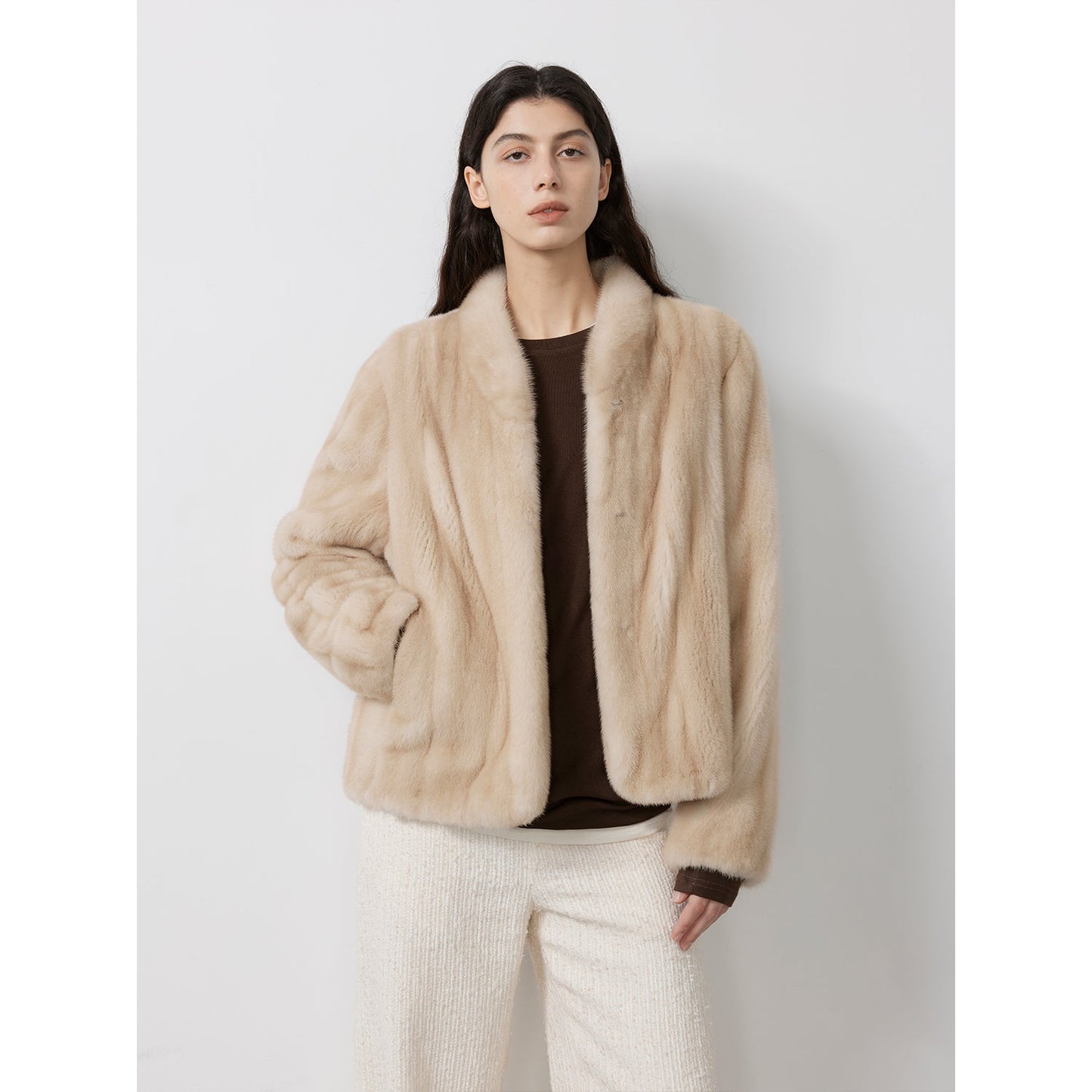 Warm coffee mink retro imported stand collar short mink fur coat-3