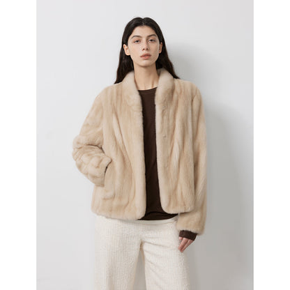 Warm coffee mink retro imported stand collar short mink fur coat-3