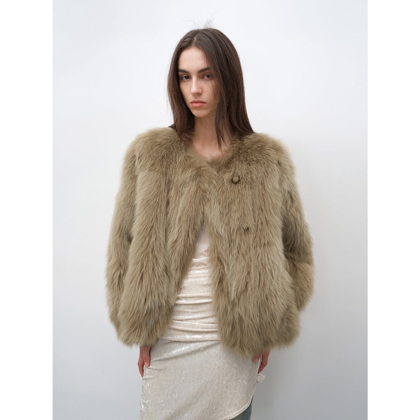 Morning Mist Manor Urban Chic Chicken Heart Collar Drop Shoulder Fox Fur Coat-6