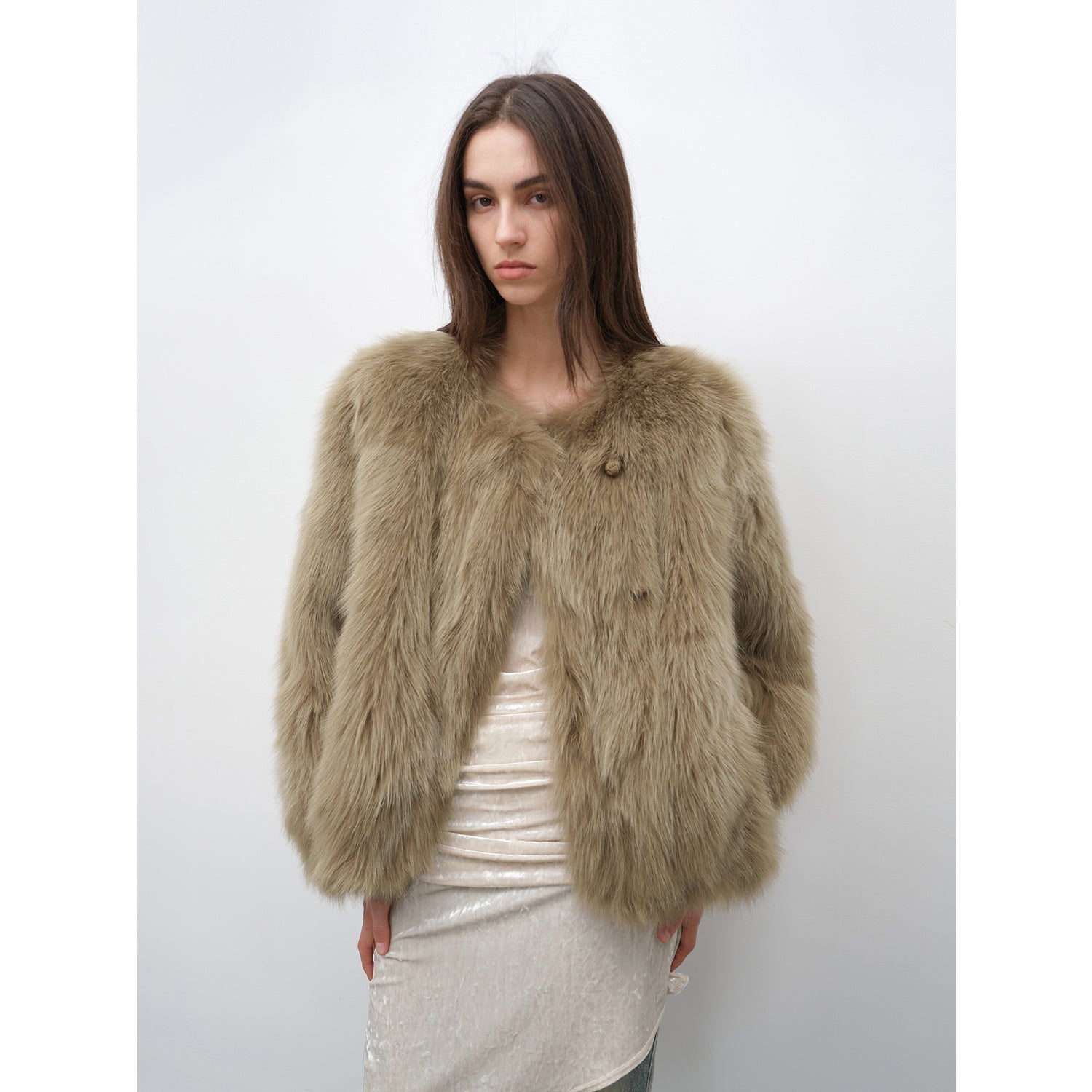 Morning Mist Manor Urban Chic Chicken Heart Collar Drop Shoulder Fox Fur Coat-6
