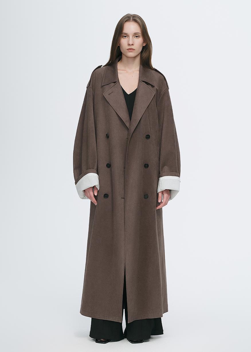 "Line Walker" matte micro-velvet drape classic elegant double-breasted straight long trench coat-0