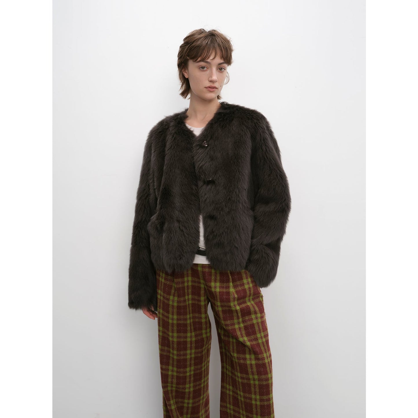 "Darcy Manor" imported Tuscan straight wool sheepskin sweetheart collar short fur coat-6