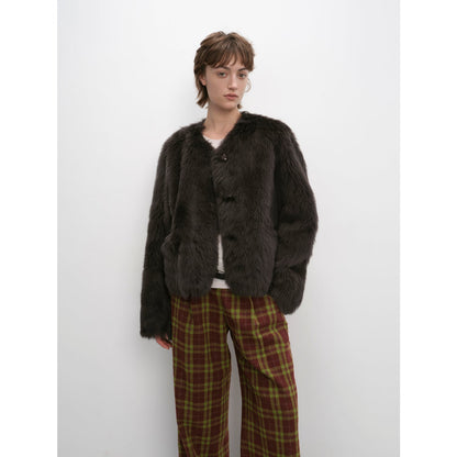 "Darcy Manor" imported Tuscan straight wool sheepskin sweetheart collar short fur coat-6