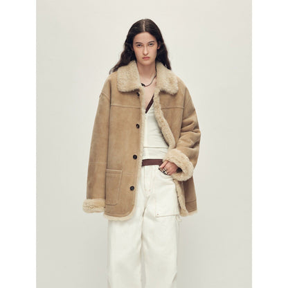 Firelady Fur Women‘s Contrast-Collar Shearling Coat with Shaved Leather Trim & Merino Shearling-2