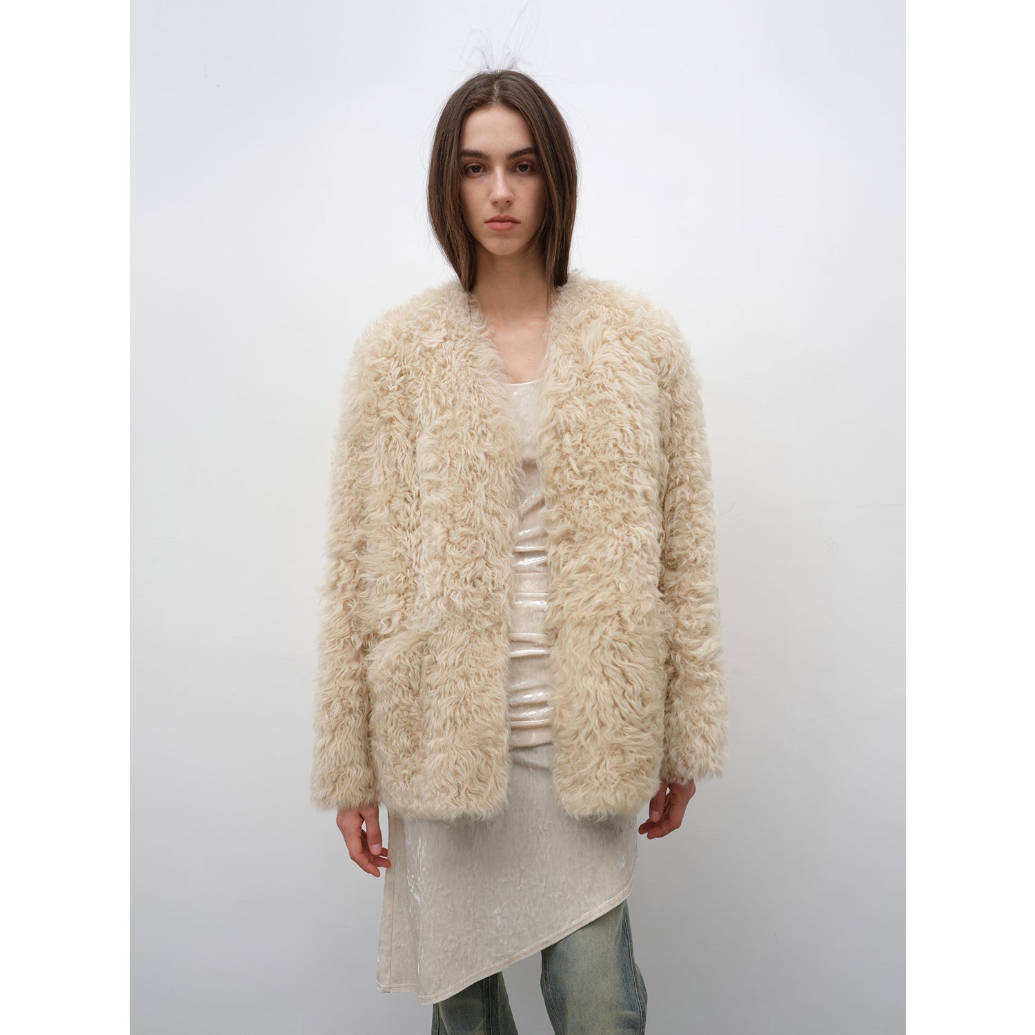 "Castle Dusk" V-neck Italian imported Tuscan curly wool sheepskin fur coat winter-7