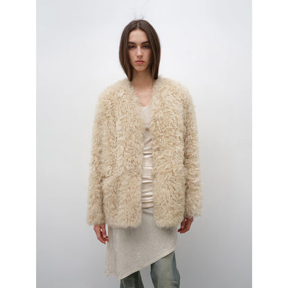 "Castle Dusk" V-neck Italian imported Tuscan curly wool sheepskin fur coat winter-7