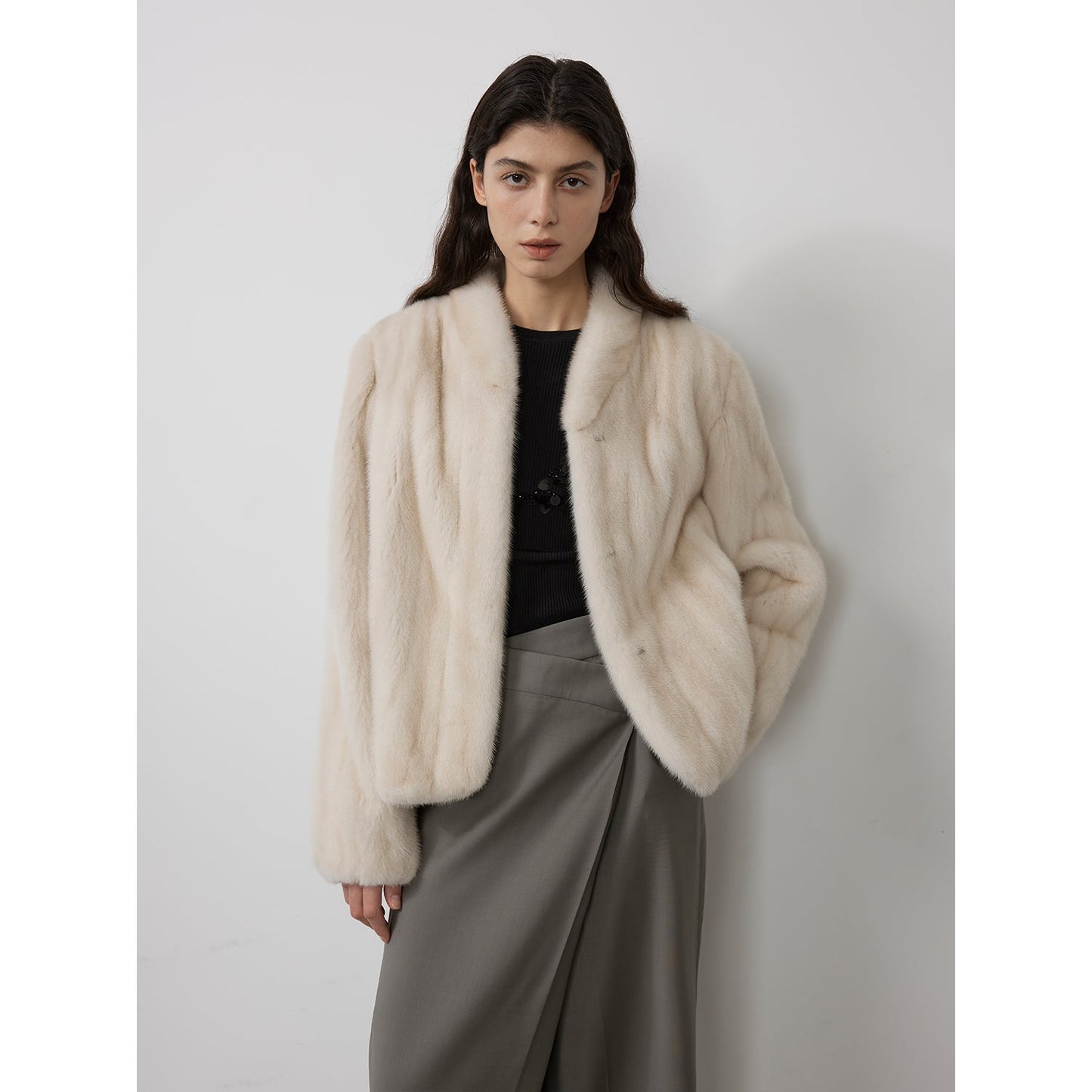 Warm coffee mink retro imported stand collar short mink fur coat-7