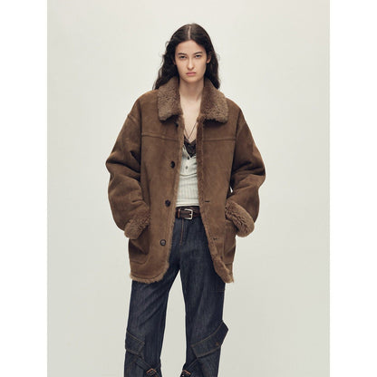 Firelady Fur Women‘s Contrast-Collar Shearling Coat with Shaved Leather Trim & Merino Shearling-3