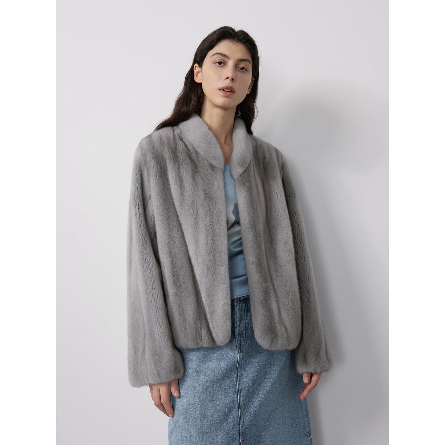 Warm coffee mink retro imported stand collar short mink fur coat-8