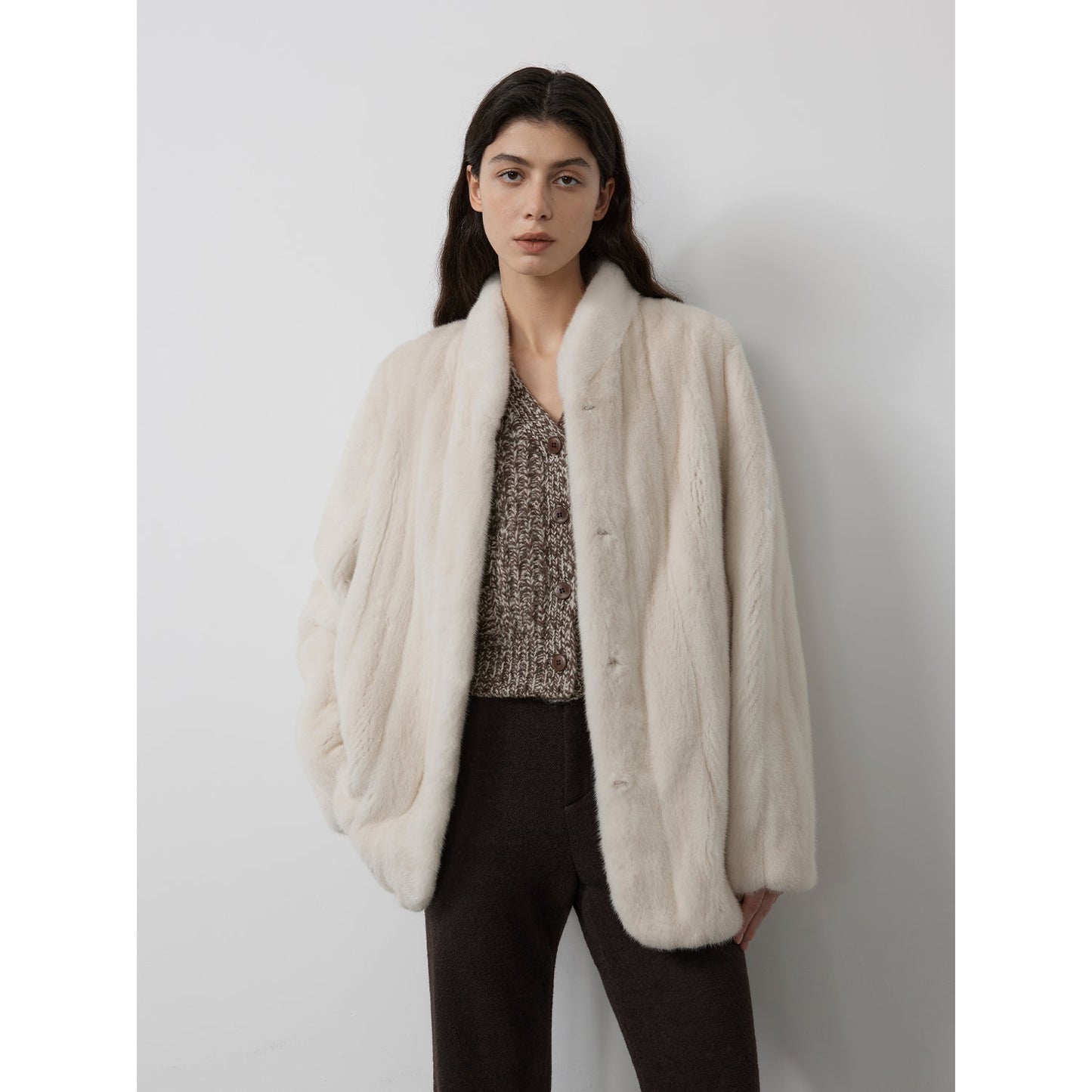 Warm coffee mink retro imported stand collar short mink fur coat-12