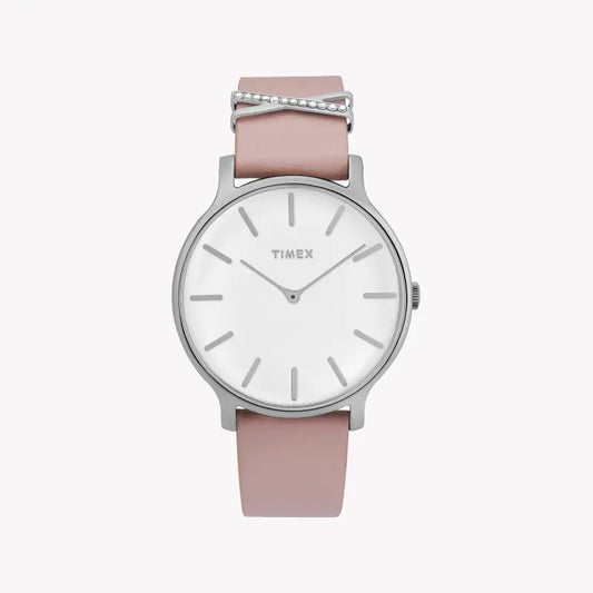 Timex Women's Pink Leather Watch, White Dial | Tw2t47900-0