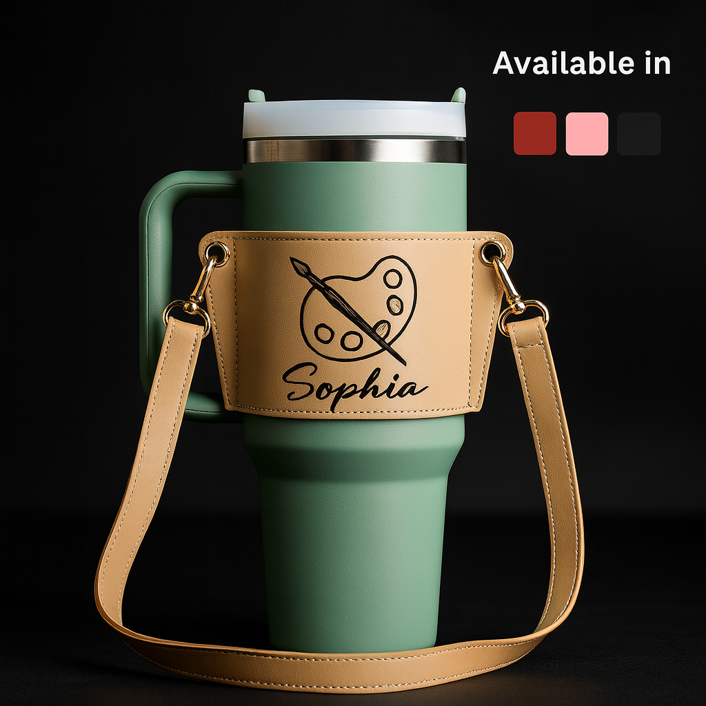 Personalized Leather Carrier for 40oz Stanley Tumbler with Adjustable Strap-1